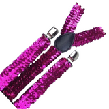 Adjustable Hot Pink Sequin Men's Suspenders Braces - 3 Pack, Slim Fit, Clip-On, Ideal for Formal Events and Weddings - Side View