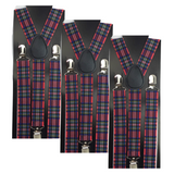 3x Mens Suspenders Braces Adjustable Strong Clip On Elastic Formal Wedding Slim - Tartan 2 - Front View
