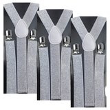 3x Mens Suspenders Braces Adjustable Strong Clip On Elastic Formal Wedding Slim - White (Glitter) - Front View