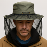 Deluxe MOSQUITO HAT NET Head Protector Bee Bug Mesh Mozzie Insect Fishing Fly - Black - Front View