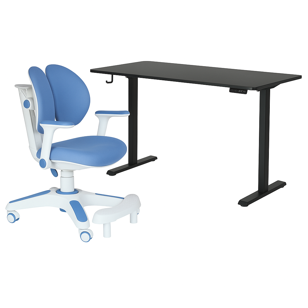 Ergonomic Kids Study Chair & Adjustable Electric Standing Desk Set  Blue Chair & Black Desk