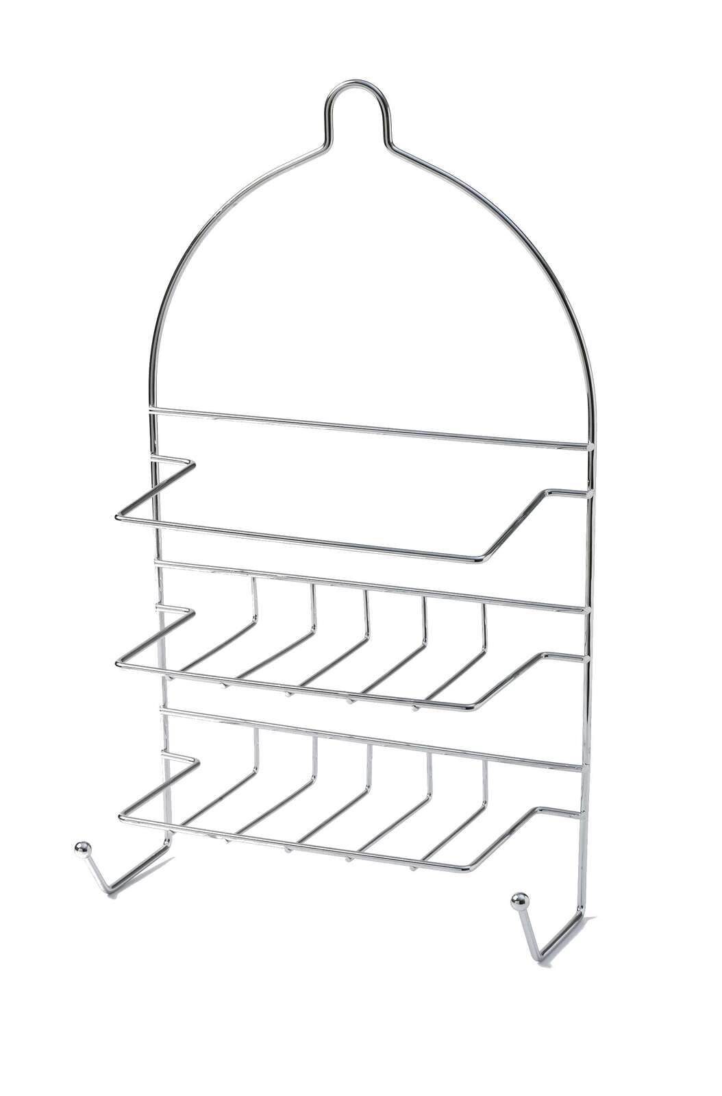 Compact 2-Tier Chrome Shower Organizer with Hooks - 25 x 10 x 43cm