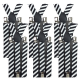 6x Mens Suspenders Braces Adjustable Strong Clip On Elastic Formal Wedding BULK - Black/White Diagonal Stripes - Front View