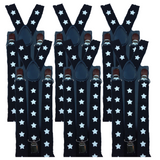 6x Mens Suspenders Braces Adjustable Strong Clip On Elastic Formal Wedding BULK - Black with White Stars - Front View