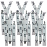 6x Mens Suspenders Braces Adjustable Strong Clip On Elastic Formal Wedding BULK - White with Black Skulls - Front View