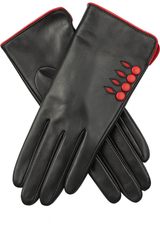 Dents Womens Leather Gloves w/ Button Detail Piped Cuff & Silk Feel Lining - Black/Berry - Medium - Front View