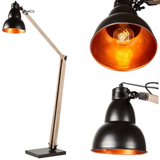 Wooden Large Floor Lamp Industrial Retro Modern Adjustable Light - Matte Black - Front View