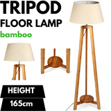 155cm Large Bamboo Wooden Tripod Floor Lamp w Beige Linen Light Shade - Front View