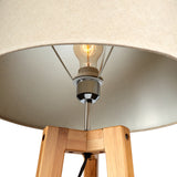 155cm Large Bamboo Wooden Tripod Floor Lamp w Beige Linen Light Shade - Side View