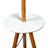 165cm Adjustable Bamboo Tripod Floor Lamp Light with Linen Shade & Built-In Table - 45-Degree Angle