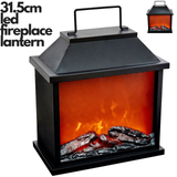 31.5cm LED Fireplace Metal/Glass Lantern Home Decor (Battery Operated) - Large - Front View