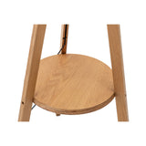 Natural Wooden Tripod Floor Lamp w/ Round Wood Shelf + Off White Linen Shade - Side View