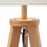 Natural Wooden Tripod Floor Lamp w/ Round Wood Shelf + Off White Linen Shade - Top-Down View