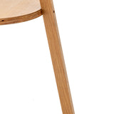 Natural Wooden Tripod Floor Lamp w/ Round Wood Shelf + Off White Linen Shade - 45-Degree Angle
