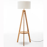 Natural Wooden Tripod Floor Lamp w/ Round Wood Shelf + Off White Linen Shade - Rear View