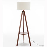 Natural Wooden Tripod Floor Lamp w/ Round Shelf + Off White Linen Shade - Cherry - Front View