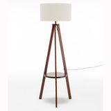 Natural Wooden Tripod Floor Lamp w/ Round Shelf + Off White Linen Shade - Cherry - Side View