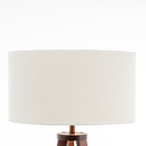 Natural Wooden Tripod Floor Lamp w/ Round Shelf + Off White Linen Shade - Cherry - Top-Down View