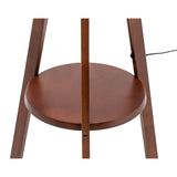 Natural Wooden Tripod Floor Lamp w/ Round Shelf + Off White Linen Shade - Cherry - 45-Degree Angle