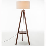 Natural Wooden Tripod Floor Lamp w/ Round Shelf + Off White Linen Shade - Cherry - Close-Up Angle