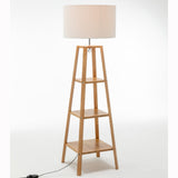 Eiffel 3 Tier Natural Wood Floor Lamp w/ Storage Shelves + Off White Linen Shade - Rear View