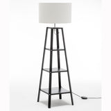 Eiffel 3 Tier Natural Wood Floor Lamp w/ Storage Shelves + Off White Linen Shade - Front View