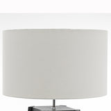 Eiffel 3 Tier Natural Wood Floor Lamp w/ Storage Shelves + Off White Linen Shade - Side View