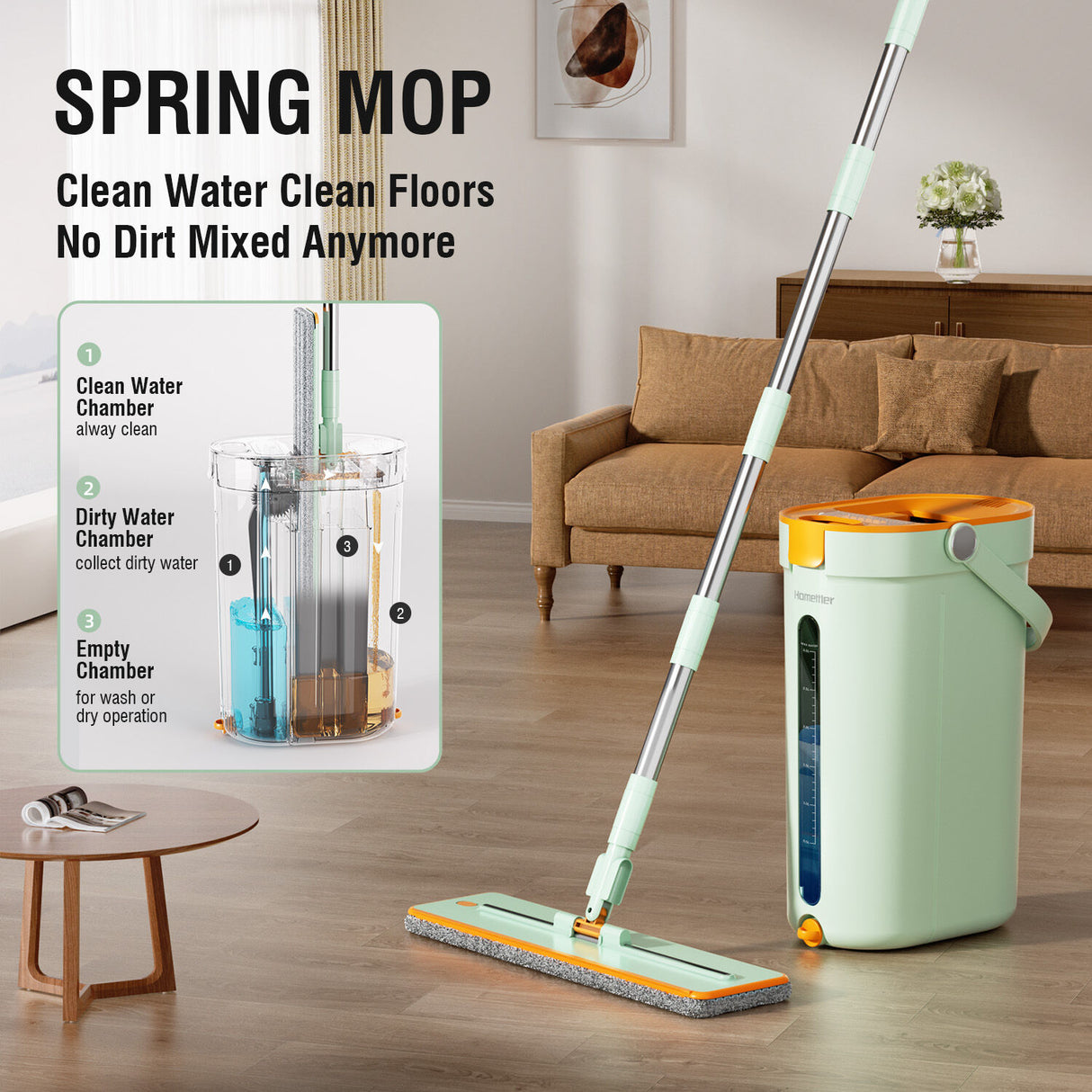 Premium Microfiber Flat Mop Bucket Set w/ Clean & Dirty Water Separation 360 Degree - Light Green