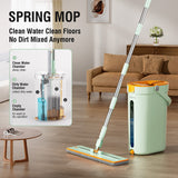 Premium Microfiber Flat Mop Bucket Set w/ Clean & Dirty Water Separation 360 Degree - Light Green - Front View