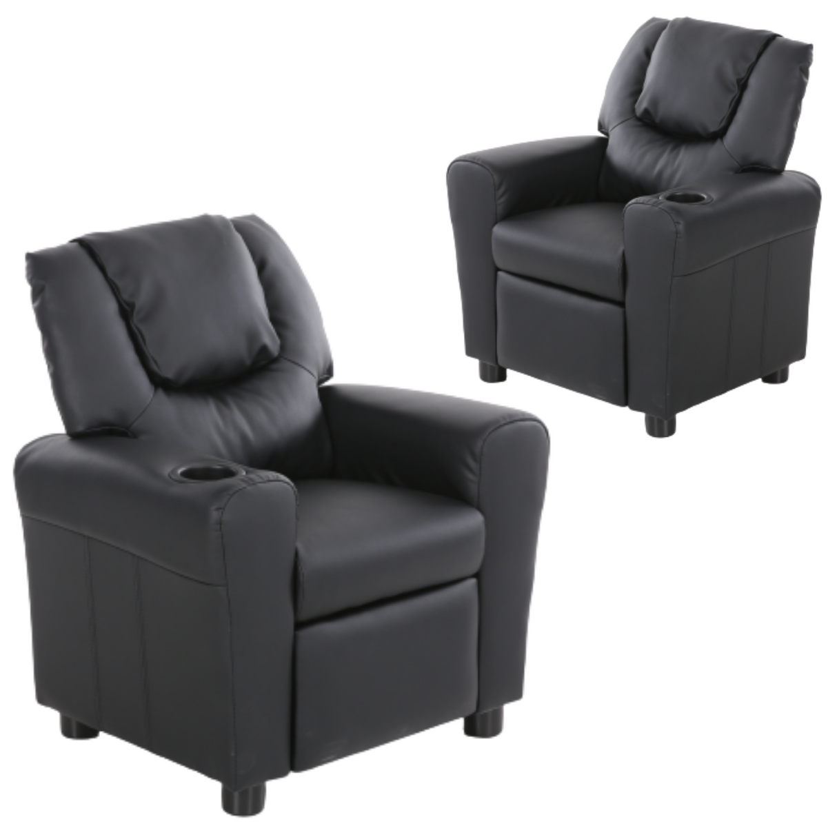 Set of 2 Kids Black PU Recliner Chairs with Cup Holder - Comfortable Lounge Sofa for Children