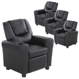 Set of 4 Kids Recliner Armchairs - Black PU Lounge Sofa with Cup Holder for Children - Front View