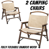 2x Bamboo Foldable Outdoor Camping Chair Wooden Travel Picnic Park Folding - Khaki/Beige - Front View