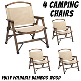 4x Bamboo Foldable Outdoor Camping Chair Wooden Travel Picnic Park Folding - Khaki/Beige - Front View