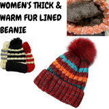 Womens Thick Knit Beanie Winter Fleece Lined Hat Warm Faux Fur Pom Striped Ski - Rear View