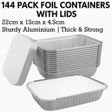 144x Aluminium Disposable Foil Food Container Trays Pans w/ Lids Covers Bulk 22cm*15cm*4.5cm - Front View