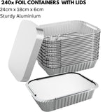 240x Aluminium Disposable Foil Food Container Trays Pans w/ Lids Covers Bulk  24cm*18cm*6cm - Front View