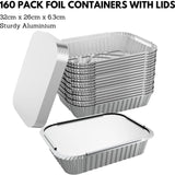 160x Aluminium Disposable Foil Food Container Trays Pans w/ Lids Covers Bulk 32cm*26cm*6.3cm - Front View