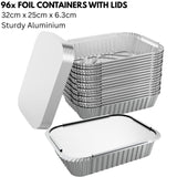 96x Aluminium Disposable Foil Food Container Trays Pans w/ Lids Covers Bulk 32cm*26cm*6.3cm - Front View