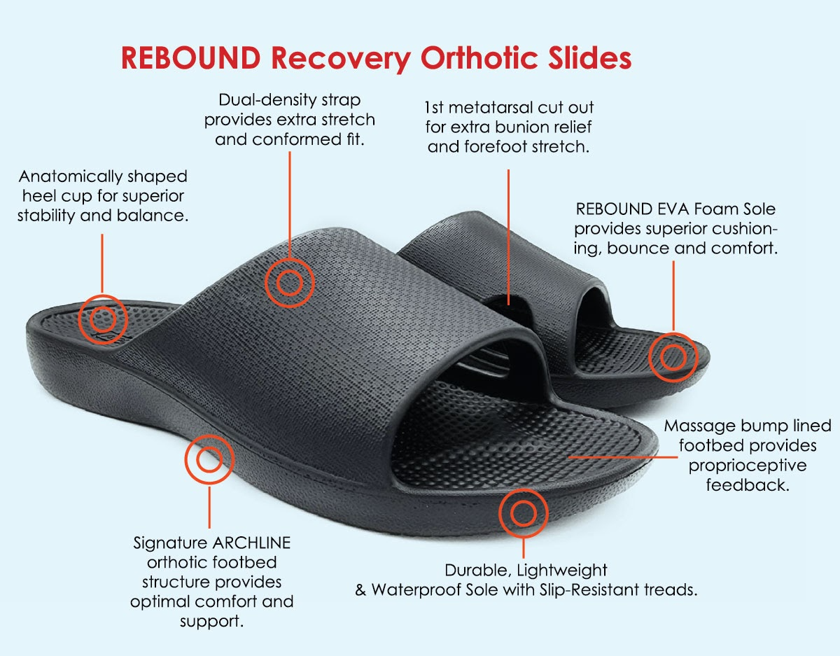 Archline Rebound Orthotic Slides Flip Flop Thongs Slip On Arch Support - Black - Euro 45