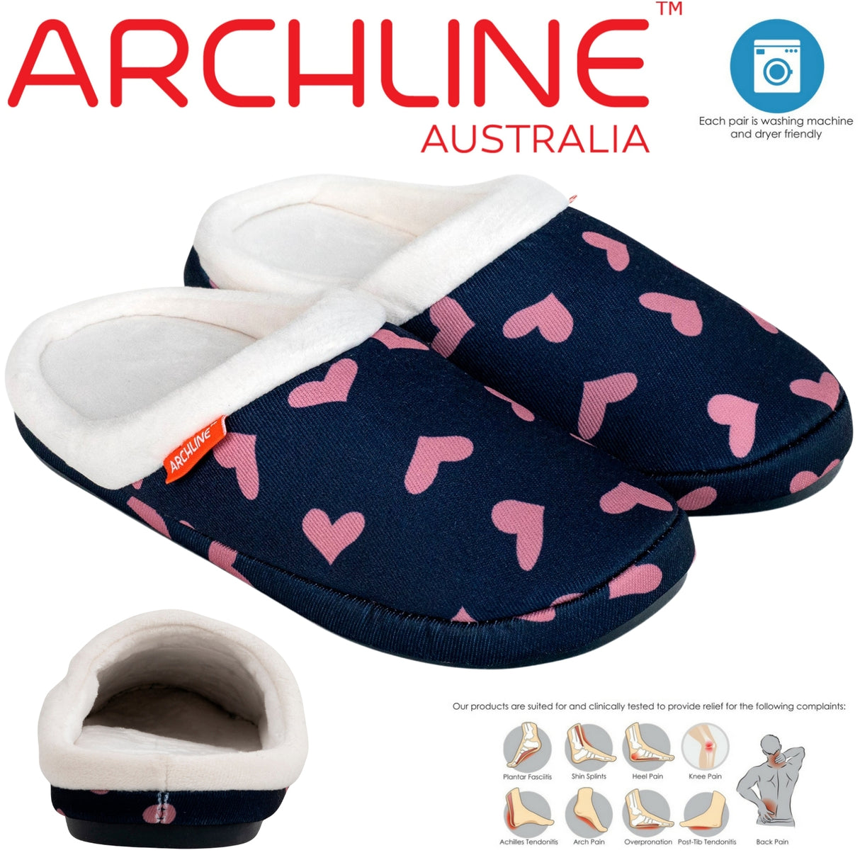 ARCHLINE Orthotic Slippers Slip On Scuffs Pain Relief Moccasins - Navy with Hearts - EUR 37 (Womens US 6)