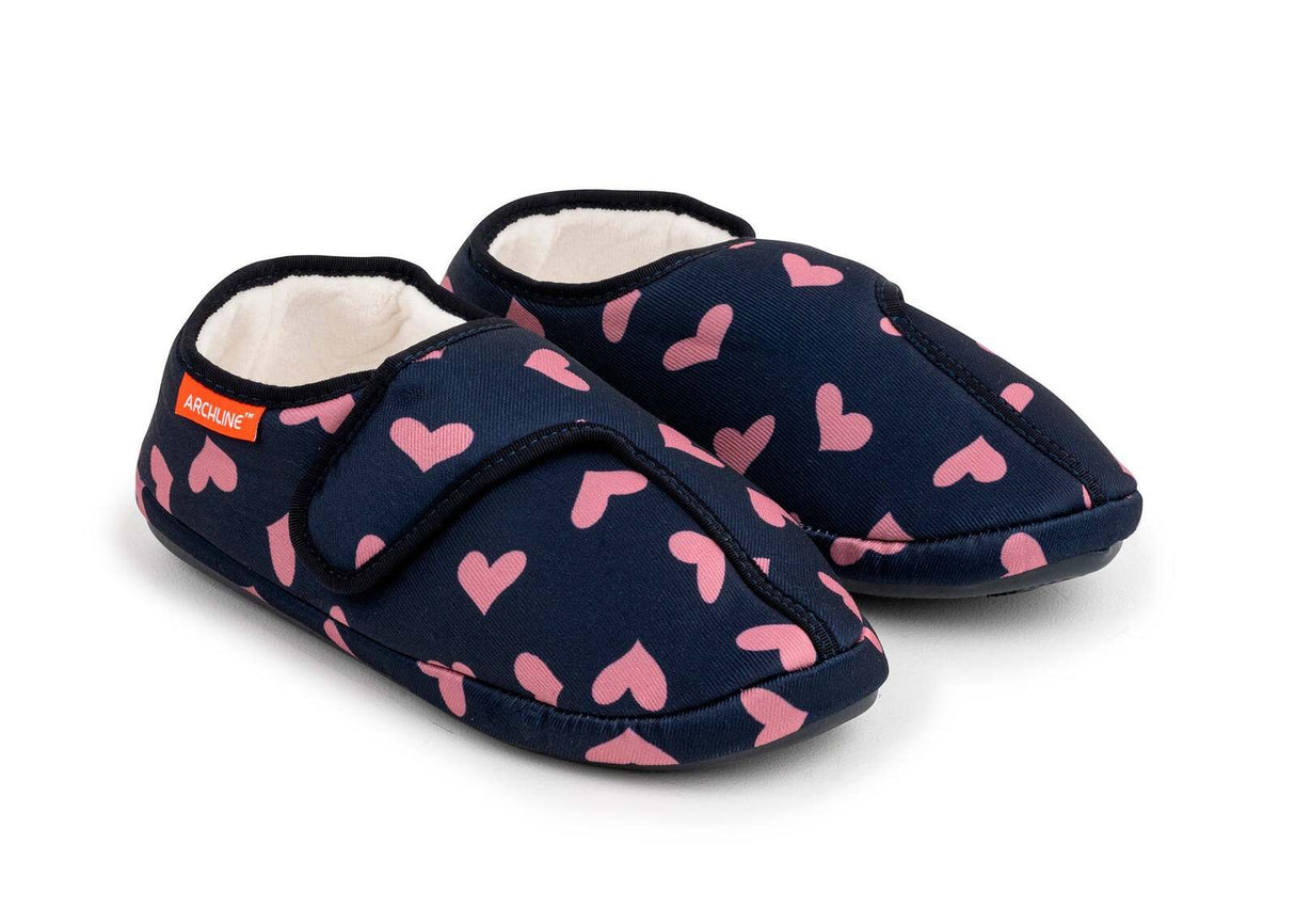 ARCHLINE Orthotic Plus Slippers Closed Scuffs Pain Relief Moccasins - Navy Hearts - EU 36