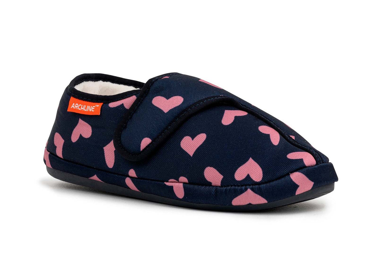 ARCHLINE Orthotic Plus Slippers Closed Scuffs Pain Relief Moccasins - Navy Hearts - EU 38