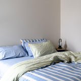 100% Cotton Duvet Quilt Cover Set w/ 2 Pillow Cases in Reversible Blue/Green/White Stripe - Single - Front View