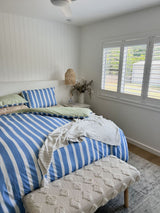 100% Cotton Duvet Quilt Cover Set w/ 2 Pillow Cases in Reversible Blue/Green/White Stripe - Single - Top-Down View