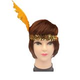 12x 1920s FLAPPER HEADBAND Headpiece Feather Sequin Charleston Gatsby Party BULK - Gold/Orange - Side View