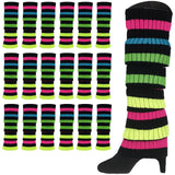 24x Womens Leg Warmers Disco Winter Knit Dance Party Crochet Legging Socks Costume - Rainbow with Black Stripe - Front View