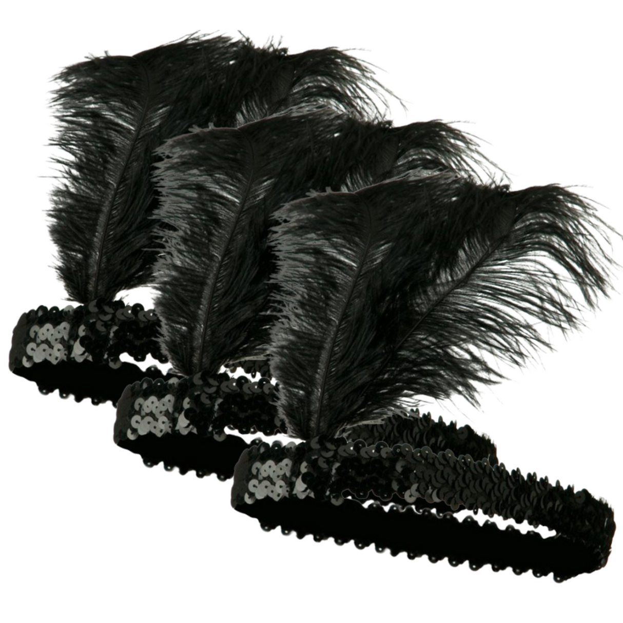 Triple 1920s Flapper Headbands with Feather and Sequin - Black Charleston Gatsby Costume Accessory
