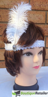 Triple Set of 1920s Flapper Headbands with Feather and Sequin for Charleston Gatsby Costume - White - Side View