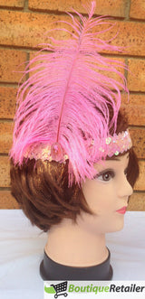 Set of 6 Vintage 1920s Flapper Headbands with Feathers and Sequins for Charleston Costume Parties - Light Pink - Top-Down View