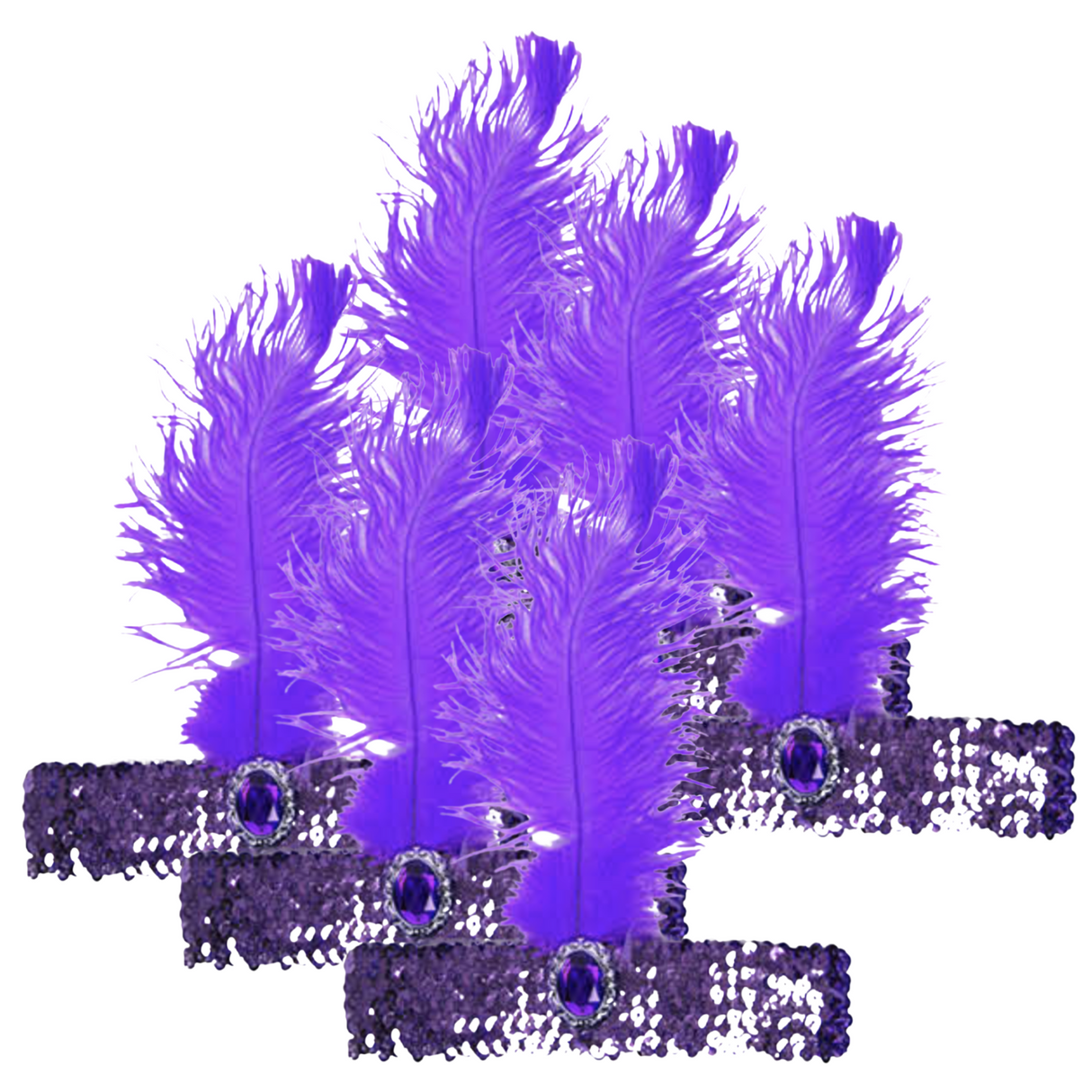 6-Pack Vintage 1920s Flapper Headbands with Feathers and Sequins for Charleston Costume Parties - Purple